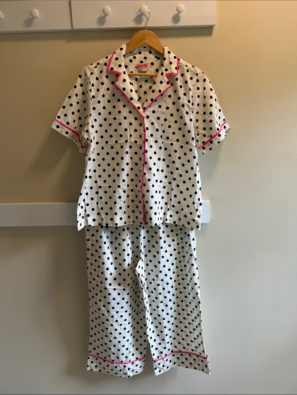 kate spade White Polka Dot Pajama Set with Black Dots and Pink Trim